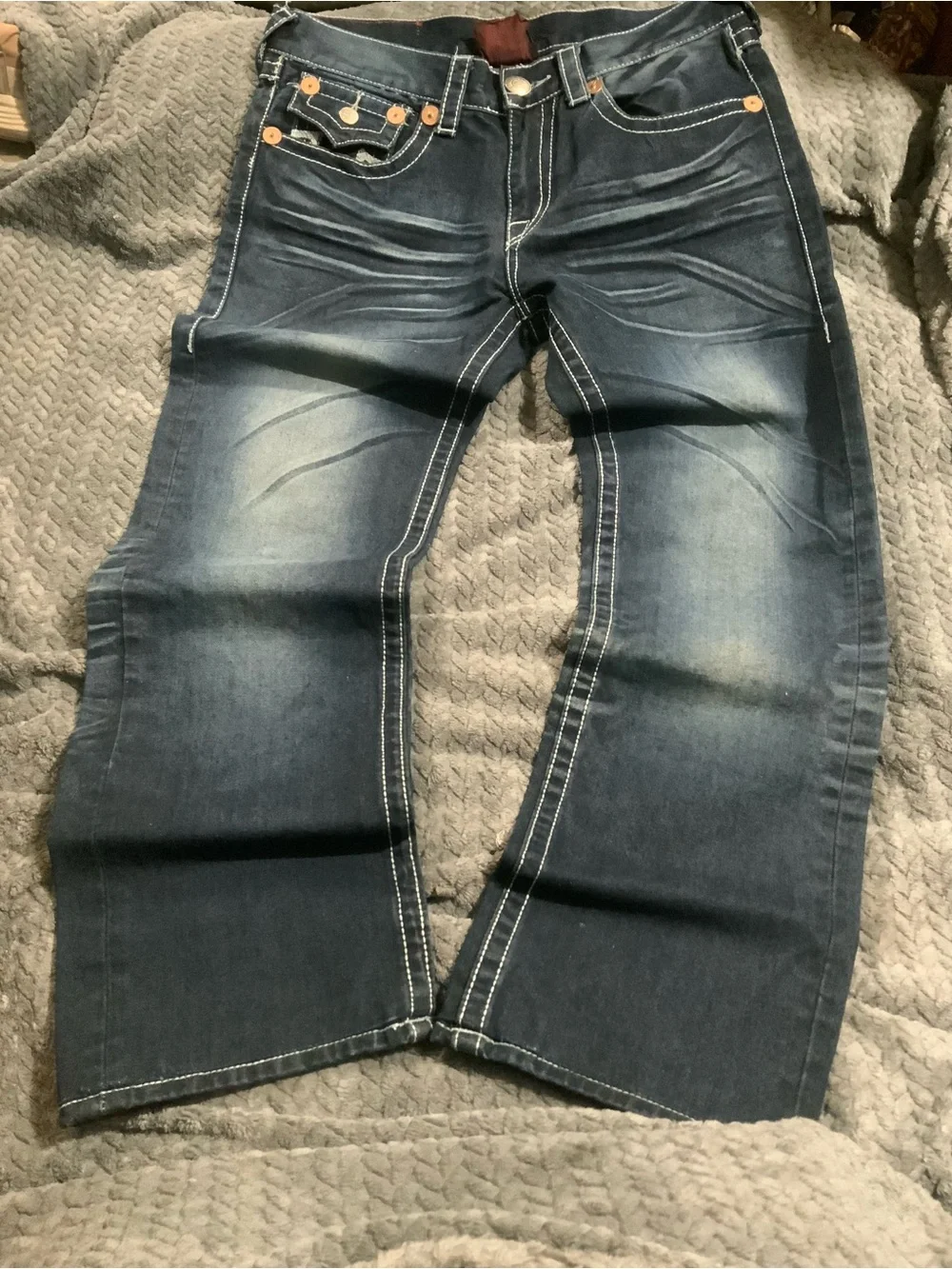 True Religion Men's Faded Blue Relaxed Jeans with Contrast Stitching